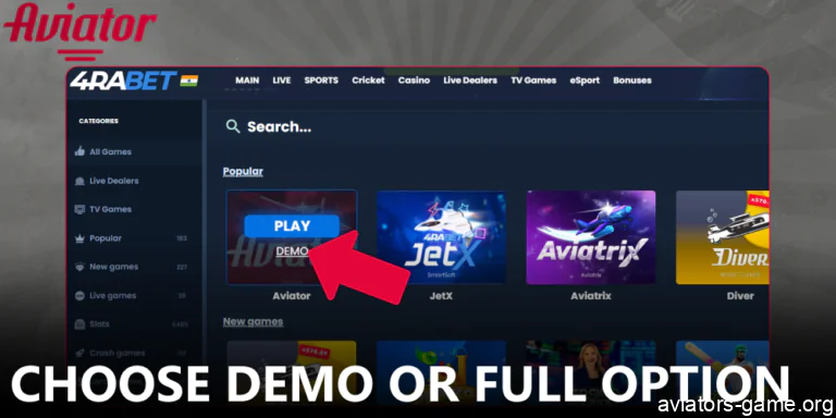Choose Aviator Demo or Full option